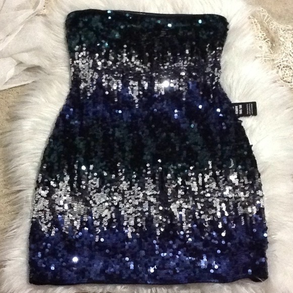 Express‎ Sequin Dress Strapless Ombre Blue Green Silver Party Cocktail - Picture 1 of 5